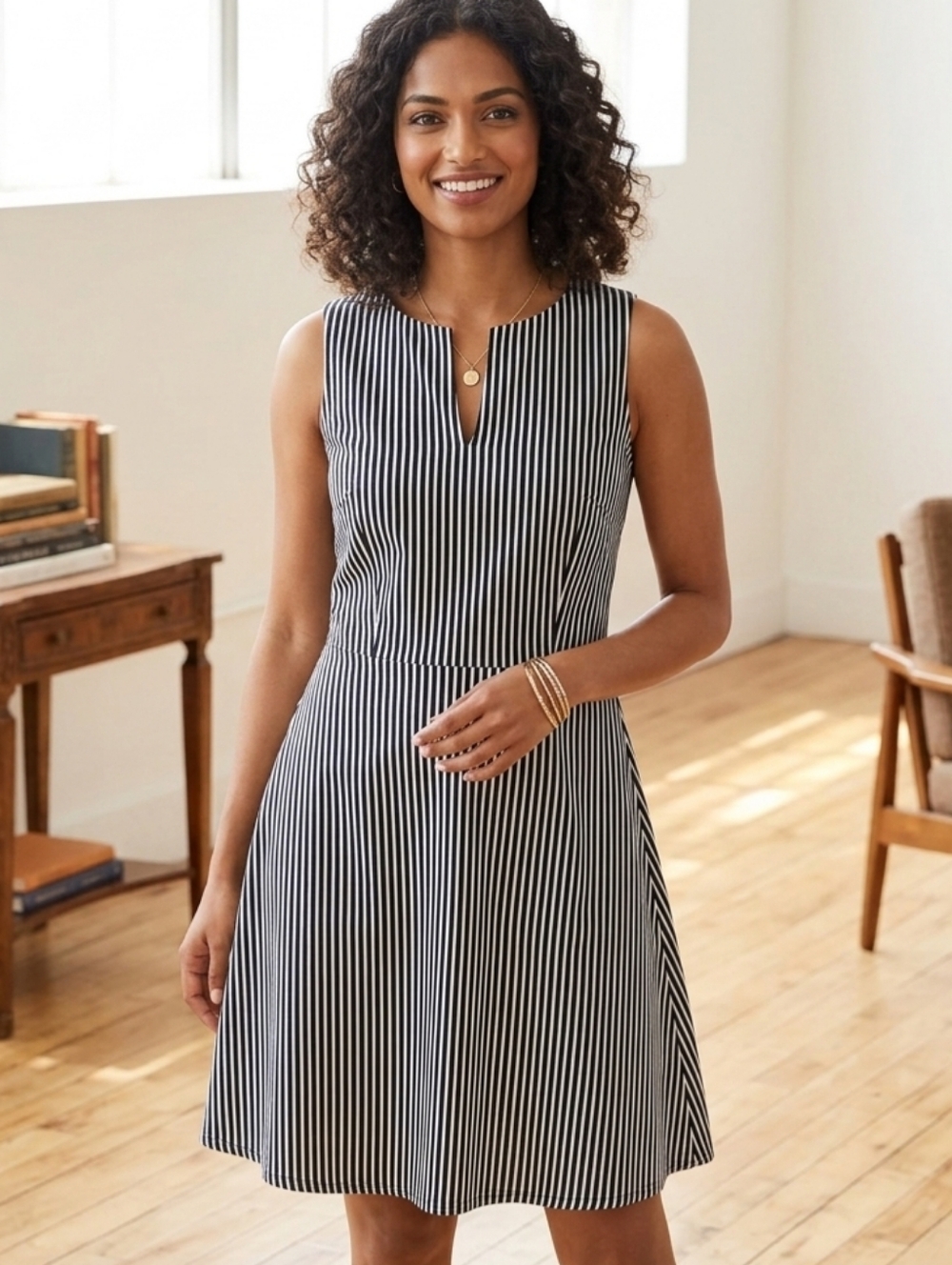 LOFT Black & White Striped Sleeveless Midi Dress